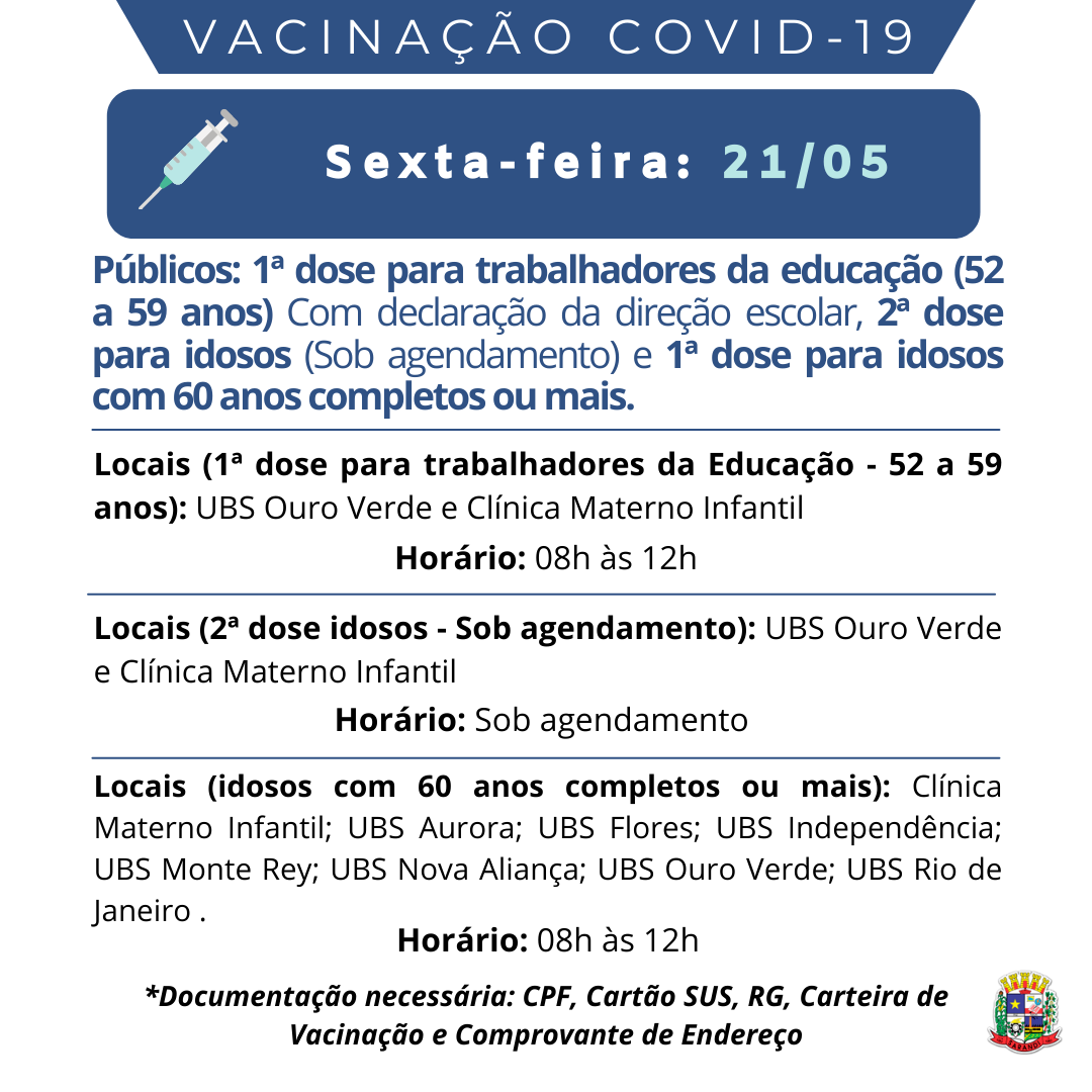 Cronograma de Vacinação contra Covid-19 - Sexta-feira - 21/05/2021